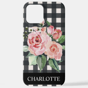 Coque iPhone 12 Pro Max Fille Floral noir blanc Buffalo Nom de la plaque 
