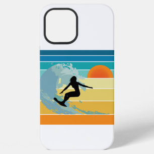 Coque iPhone 12 Pro Max Fille surfeuse coucher de soleil vintage