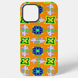 Coque iPhone 12 Pro Max Fleurs dans le style rétro Artdeco vert bleu jaune