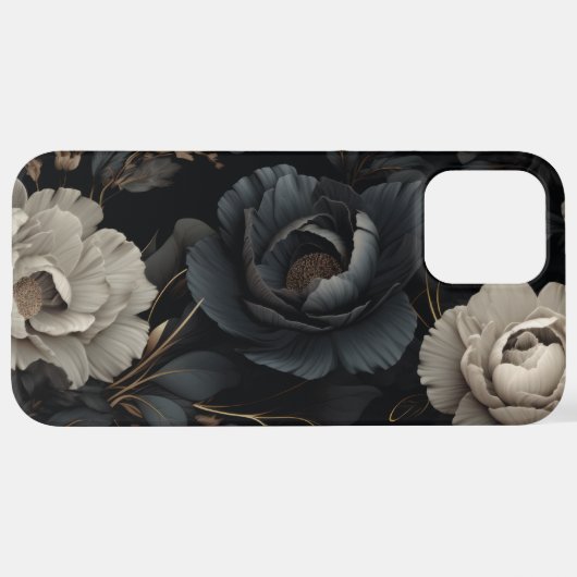 Coque iPhone 12 Pro Max Fleurs noires et blanches (Retour horizontal)