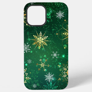 Coque iPhone 12 Pro Max Flocons de neige dorés de Noël sur fond vert