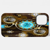 Coque iPhone 12 Pro Max Fond rouillé Steampunk avec verres turquoise (Verso Horizontal)