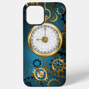 Coque iPhone 12 Pro Max Fond turquoise Steampunk avec engrenages