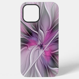 Coque iPhone 12 Pro Max Fractal Floral Moderne Abstrait Fleur Rose Gris