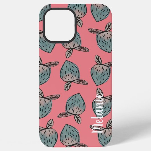Coque iPhone 12 Pro Max Fraises à l'aquarelle Monogramme rose bleu (Verso)