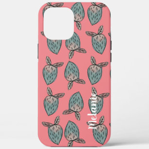 Coque iPhone 12 Pro Max Fraises à l'aquarelle Monogramme rose bleu  