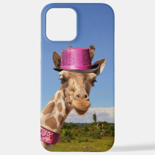 Coque iPhone 12 Pro Max Giraffe en casquette rose étincelant