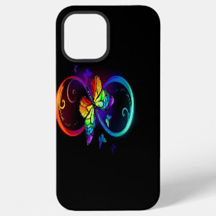 Coque iPhone 12 Pro Max Infini vibrant avec papillon arc-en-ciel sur fond