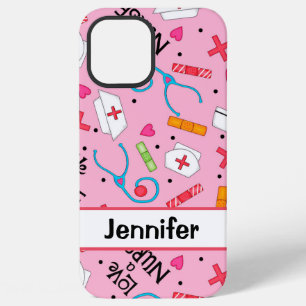 Coque iPhone 12 Pro Max Infirmière Médicale Art rose Nom personnalisé