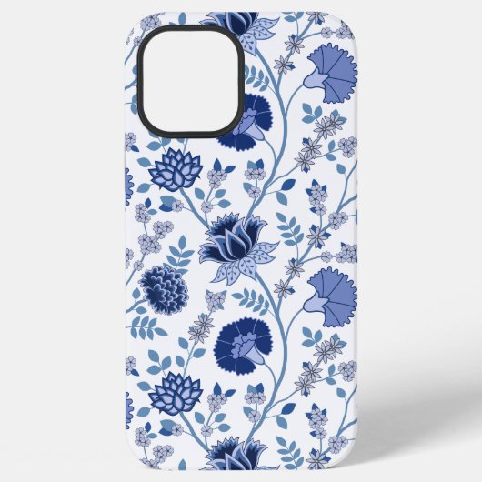 Coque iPhone 12 Pro Max Jacobean Floral Big Motif Blues sur blanc (Verso)
