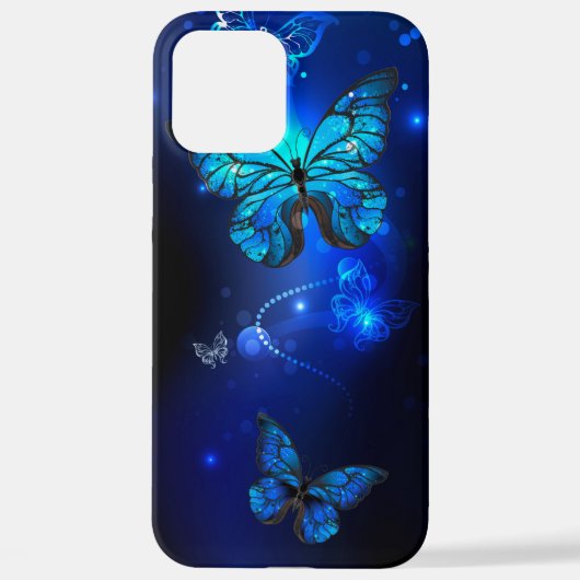 Coque iPhone 12 Pro Max Le papillon morpho dans l'Arrière - plan sombre (Verso)