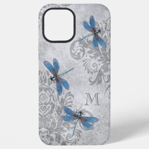 Coque iPhone 12 Pro Max Libellules Vintage Grunge Damassé avec Monogramme