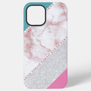 Coque iPhone 12 Pro Max Marbre argenté élégant géométrique paillettes or r