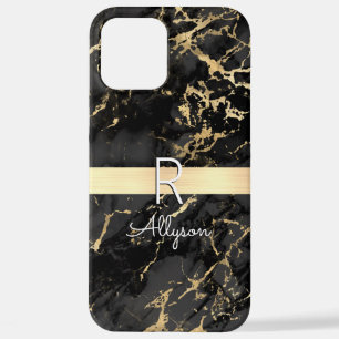 Coque iPhone 12 Pro Max Marbre noir et or, Barre d'or, Monogramme de nom b