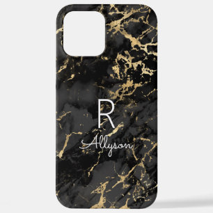 Coque iPhone 12 Pro Max Marbre noir et or, do-it-yourself Nom blanc & Mono