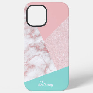 Coque iPhone 12 Pro Max Marbre rose doré pailleté géométrique élégant