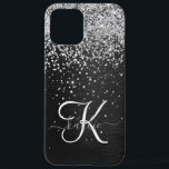 Coque iPhone 12 Pro Max Monogramme à étincelle noire à Parties scintillant<br><div class="desc">Personnalisez facilement ce design élégant et branché de boîtier de téléphone avec une jolie parties scintillant brillante en argent sur un arrière - plan métallique brossé noir.</div>