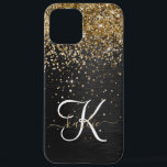 Coque iPhone 12 Pro Max Monogramme à étincelle noire à Parties scintillant<br><div class="desc">Personnalisez facilement ce design élégant et branché de boîtier de téléphone avec une jolie parties scintillant dorée brillante sur un arrière - plan métallique brossé noir.</div>