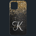 Coque iPhone 12 Pro Max Monogramme à étincelle noire à Parties scintillant<br><div class="desc">Personnalisez facilement ce design élégant et branché de boîtier de téléphone avec une jolie parties scintillant dorée brillante sur un arrière - plan métallique brossé noir.</div>