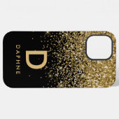 Coque iPhone 12 Pro Max Monogramme initial moderne noir et or pailleté (Verso Horizontal)