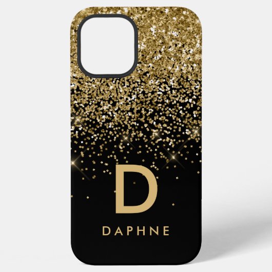 Coque iPhone 12 Pro Max Monogramme initial moderne noir et or pailleté (Verso)