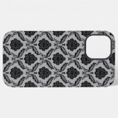 Coque iPhone 12 Pro Max Motif Damassé Rococo Noir sur Gris (Verso Horizontal)
