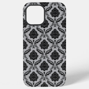 Coque iPhone 12 Pro Max Motif Damassé Rococo Noir sur Gris