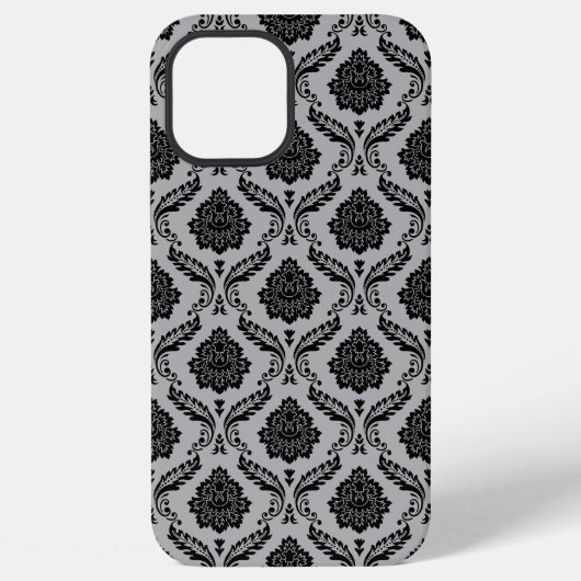 Coque iPhone 12 Pro Max Motif Damassé Rococo Noir sur Gris (Verso)