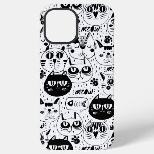 Coque iPhone 12 Pro Max Motif de visages de chats noir blanc (tous les tél