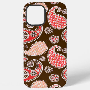 Coque iPhone 12 Pro Max Motif Paisley, corail et marron chocolat