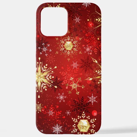 Coque iPhone 12 Pro Max Noël Golden Snowflakes sur Arrière - plan rouge (Verso)