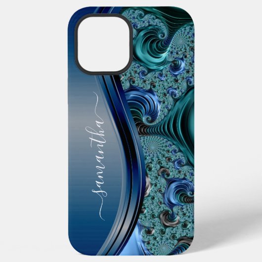 Coque iPhone 12 Pro Max Nom manuscrit bleu fractal moderne (Verso)