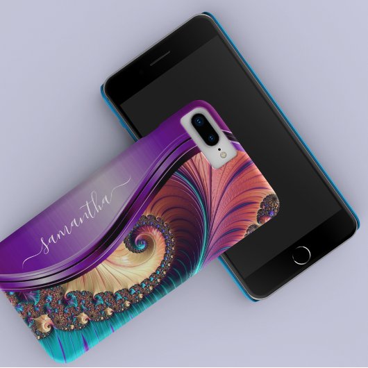 Coque iPhone 12 Pro Max Nom manuscrit violet fractal moderne