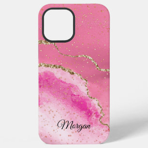 Coque iPhone 12 Pro Max Or Agate Rose Blanc & Étoiles Dorées, Nom DIY Noir