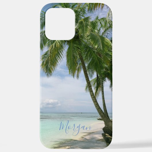 Coque iPhone 12 Pro Max Palmiers, Votre Photo, Nom Script Bleu (Verso)