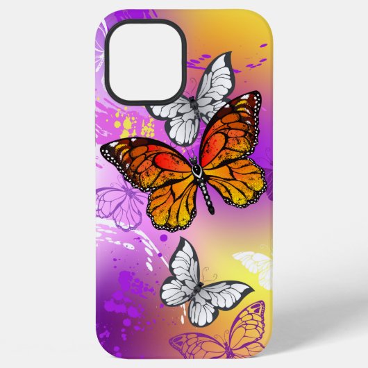 Coque iPhone 12 Pro Max Papillons monarques sur fond violet (Verso)