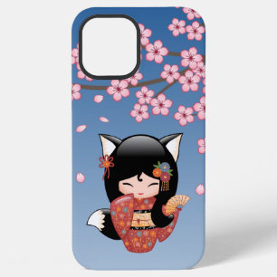 Coque iPhone 12 Pro Max Poupée Kokeshi Kitsune - Fille Geisha Renard Noir