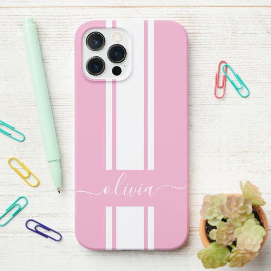 Coque iPhone 12 Pro Max Rayures de course tendance moderne monogrammées  (Sur le bureau)