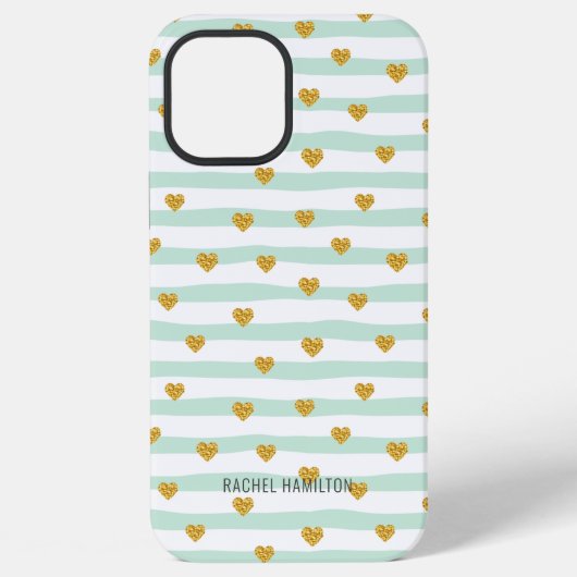 Coque iPhone 12 Pro Max Rayures vertes et blanches Cœurs dorés Nom personn (Verso)