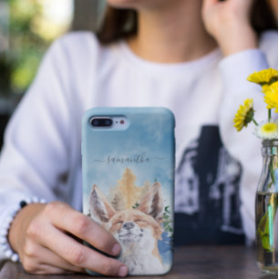 Coque iPhone 12 Pro Max Renard heureux avec nom Aquarelle Forêt