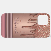 Coque iPhone 12 Pro Max Rose Gold Glitter Drip Custom Name Monogram (Retour horizontal)