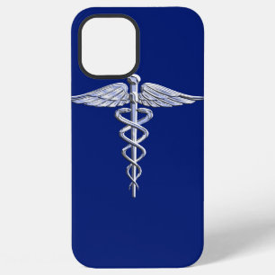 Coque iPhone 12 Pro Max Symbole médical caducée chromé sur décoration bleu