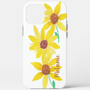 Coque iPhone 12 Pro Max Tournesols Jaune Aquarelle Floral Monogrammé 