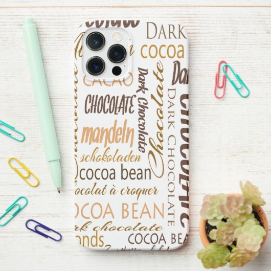 Coque iPhone 12 Pro Max Typographie du chocolat multilingue Collage de mot (Sur le bureau)