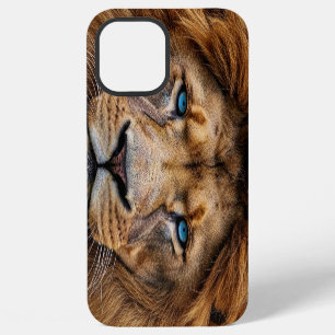 Coque iPhone 12 Pro Max Visage de lion majestueux aux yeux bleus Faune A