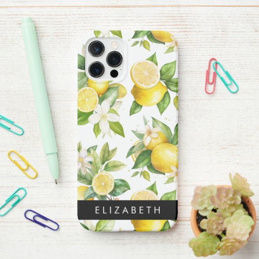 Coque iPhone 12 Pro Motif citron, Fleurs de citron, Feuilles, Votre No (Sur le bureau)