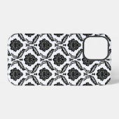 Coque iPhone 12 Pro Motif Damassé Rococo Noir sur Blanc (Verso Horizontal)