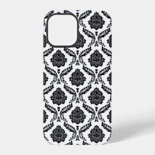 Coque iPhone 12 Pro Motif Damassé Rococo Noir sur Blanc
