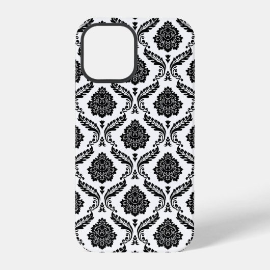 Coque iPhone 12 Pro Motif Damassé Rococo Noir sur Blanc (Verso)