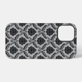 Coque iPhone 12 Pro Motif Damassé Rococo Noir sur Gris (Verso Horizontal)